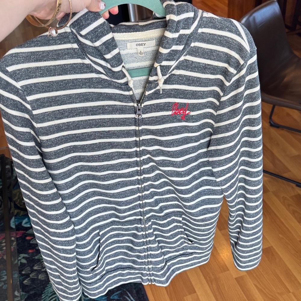 Obey Grey and White Striped Zip-Up Hoodie